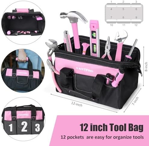 FASTPRO 215-Piece Home Repairing Tool Set with 12-Inch Wide Mouth Open Storage Bag, Household Hand Tool Kit,Red