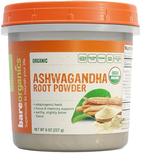BareOrganics Ashwagandha Root Powder - Pure Herbal Ashwagandha - Organic Root Powder for Men & Women, USDA Organic, Vegan, 8 Oz