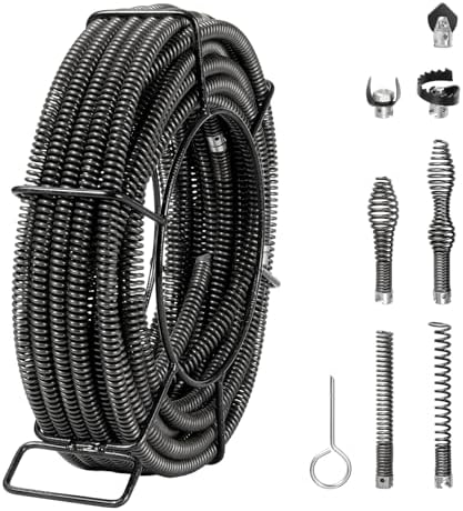 VEVOR Drain Cleaning Cable 100 FT x 5/8 Inch, Professional Sectional Drain Cleaner Cable with 7 Cutters for 0.8" to 3.9" Pipes for Hollow Core Sewer Cleaner Auger Sink, Toilet