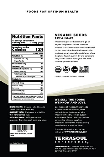 Terrasoul Superfoods Organic Hulled Sesame Seeds, 2 Lbs - Perfect for Tahini | Gluten-free | Raw