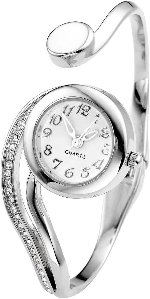 Top Plaza Women Casual Elegant Silver Tone Small Dial Bangle Cuff Bracelet Dress Analog Quartz Watch 6 Inches