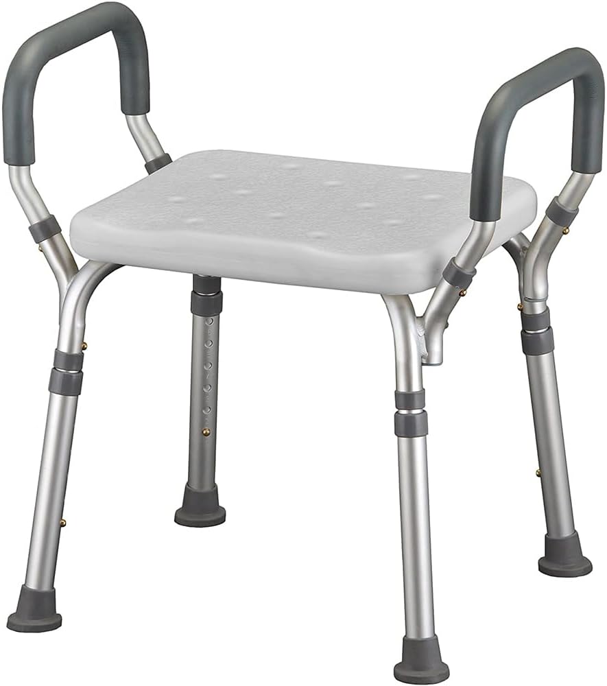 NOVA Adjustable Shower Bench with Padded Arms – Lightweight, Skid-Resistant Tips, White Plastic Seat with Drainage Holes