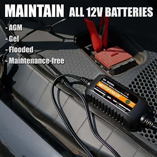 MOTOPOWER MP00205B 12V 1000mA Automatic Battery Charger, Battery Maintainer, Trickle Charger, and Battery Desulfator with Timer Protection - Grey
