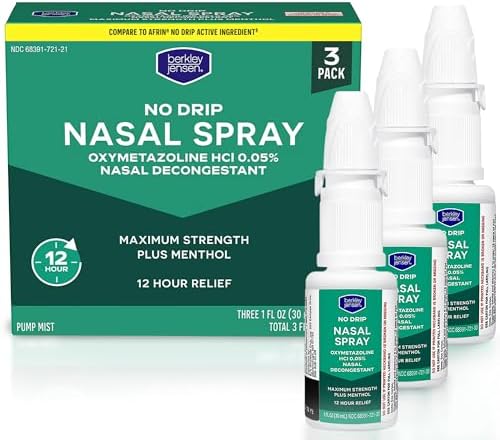 Berkley Jensen No Drip Severe Congestion Nasal Spray - Maximum Strength Decongestant with Oxymetazoline HCl & Menthol - Pump Mist Applicator, No Steroid, 12 Hour Relief, 1 Fluid Ounce (Pack of 3)