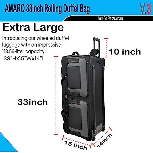 AMARO 36 Inch Rolling Duffle Bag with Wheels, Extra Large Heavy Duty Travel Duffel Luggage with Telescopic Handle, Multiple Pockets, Collapsible Storage, Black/Grey