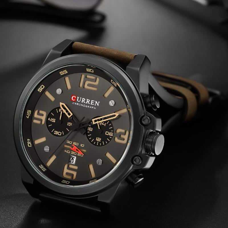 FANMIS Mens Classic Analog Quartz Chronograph Sandwich Dial Leather Watch