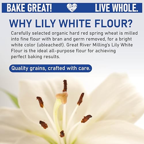 Great River Milling Organic Lily White All Purpose Flour, 25 lb | Organic Lily White All-Purpose Flour for cookies, cakes, muffins, biscuits, breads, pizza dough and pie crust; balanced