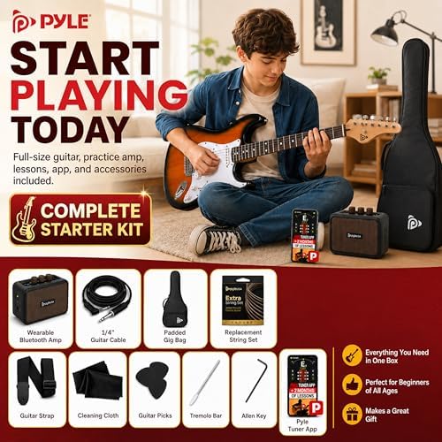 Pyle Electric Guitar and Amp Kit - Full Size 39" Complete Starter Kit with Wearable Bluetooth Amplifier, 1/4” Cable, Carry Case, Strap, Strings, Picks, Cleaning Cloth, ST-Style Pickups (Black)