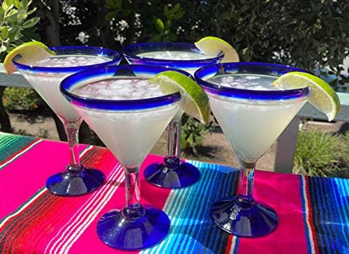 Mexican Hand Blown Glass – Set of 4 Hand Blown Modern Margarita Glasses - Blue Rim (12 oz)