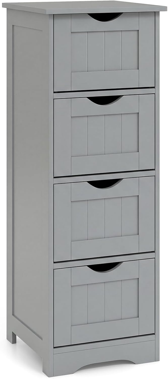Tangkula Bathroom Floor Cabinet, Freestanding Narrow Side Storage Organizer with 4 Drawers, Multifunctional Towel Cabinet with Anti-Tip Kit for Living Room Laundry Entryway (4 Drawers, White)