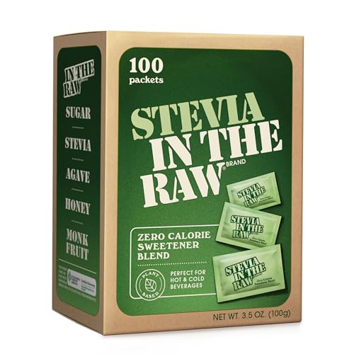 Stevia In The Raw, Plant Based Zero Calorie, No Erythritol, Sugar Substitute, Sugar-Free Sweetener for Coffee, Hot & Cold Drinks, Suitable For Diabetics, Vegan, Gluten-Free, 100Count Packets (1 Pack)