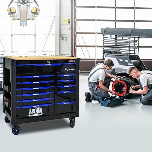 12-Drawer Rolling Tool Chest with Wood Top, Heavy Duty Cabinet | Heavy-duty metal tool chest with 12 drawers