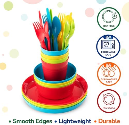 Plaskidy Kids Dinnerware Set for 4-24 Piece Plastic Childrens Dishes Dinnerware Sets Microwave/Dishwasher Safe BPA Free - Toddler Dinner Set