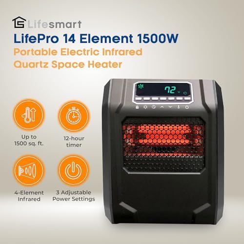 LIFESMART GLOBAL 1500 Watt 4 Element Portable Electric Infrared Quartz Bulb Room Heater for Indoor Use with 3 Heat Settings and Digital Panel - Black