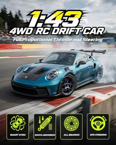 ARRIS 1/43 911 RC Drift Car 4WD with Gyro Full Proportional RTR | Alloy Body, 20KM/H Speed, Extra Drift Tires, Silent Bearings, LED Lighting
