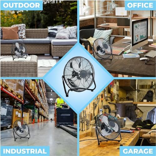 EZ-CHILL 12” Cradle Floor Fan, 3 Speed, High Velocity, 180 Degree Adjustable Tilt, All-Metal, Carry Handle, Rubber Feet, Airflow 15.42 ft/sec, Ideal for Home, Bedroom & Office, Black