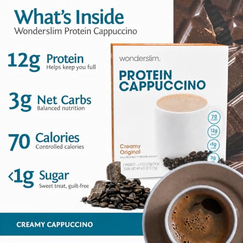 Wonderslim Protein Coffee Drink Mix with Casein Protein – 7 ct (Cappuccino) | With Collagen, 12g Protein, 70 Calories, Low Sugar, 3g Net Carbs, Keto Friendly, Gluten Free, GLP-1 Friendly Coffee Drink Mix