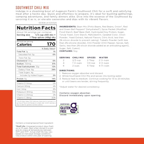 Augason Farms Southwest Chili Mix Can | Emergency Food Supply, 34 Servings, 10 Year Shelf Life, 8 Grams of Protein per Serving, Certified Gluten Free