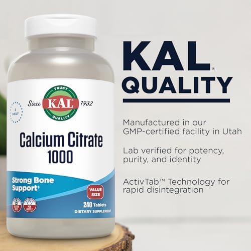 KAL Calcium Citrate 1000mg, Calcium Supplements for Women and Men, Bone Health, Teeth, Nervous, Muscular & Cardiovascular System Support, Gluten Free and Lab Verified, 60 Servings, 180 Tablets | Bone, Teeth, Muscle & Heart Support - Chelated Calcium Citr…