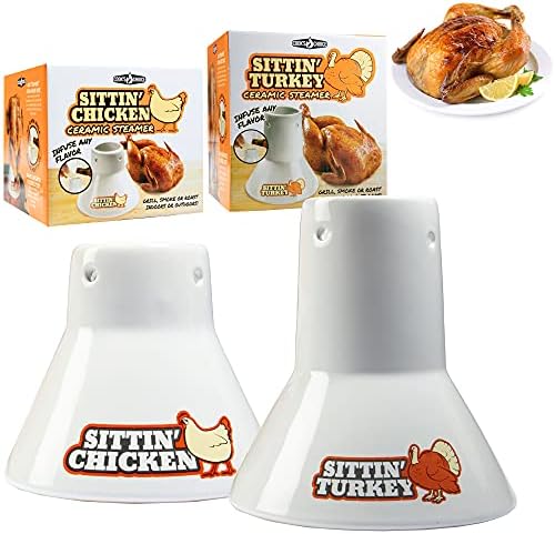 COOK'S CHOICE Sittin' Chicken Reusable Ceramic Beer Can Roaster & Steamer | Vertical Chicken Roaster Stand for Grill, Oven & Smoker - Flavor Infuser for Marinades, Beer & Sauces - Summer BBQ Essential