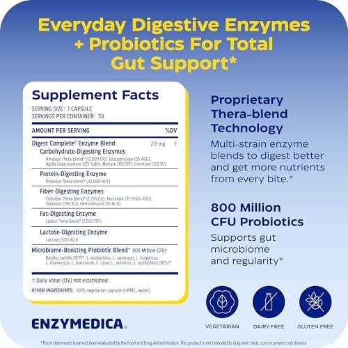Enzymedica Digest Complete + Probiotics - Digestive Enzyme Supplement for Women & Men, Enzyme and Probiotic Capsules for Digestion, Gut Health Support, Helps Gas & Bloating, Vegetarian - 90 Caps