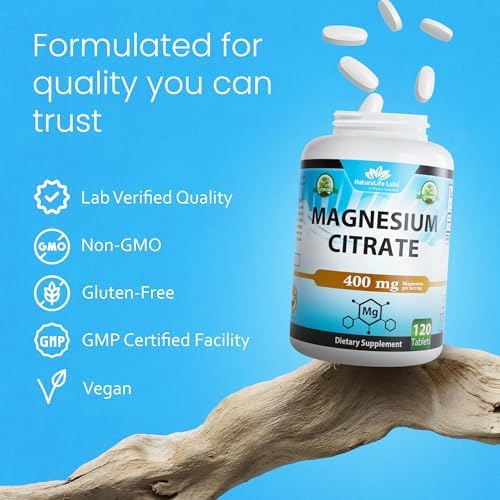 NaturaLife Labs Magnesium Citrate 400 mg per Serving – 120 Tablets, Vegan, Non-GMO