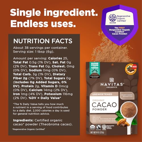 Navitas Organics Cacao Powder - Cocoa Powder Substitute 1:1, For Hot Chocolate, Baking & More - Regenerative Organic Certified, Non GMO, Fairtrade