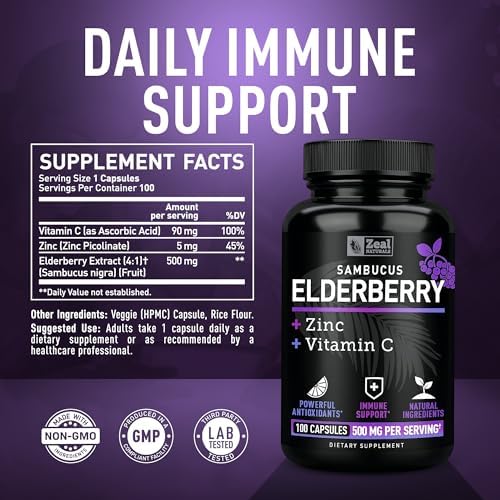 Zeal Naturals Max Strength Elderberry Capsules - 2000mg, 100 Capsules | Sambucus Black Elderberry, Vitamin C