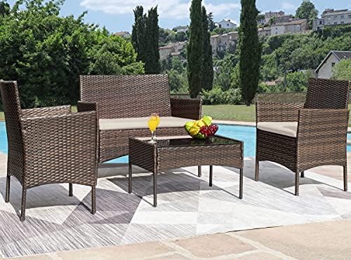 Greesum Patio Furniture 4 Pieces Conversation Sets,Brown and Beige