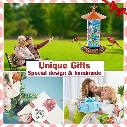 XDW-GIFTS Mosaic Solar Wild Bird Feeder, Waterproof Lantern Shape with S-Hook & 4 LED Lights, Garden Decor for Lawn, Patio, Balcony, Yard Ornament - Unique Gifts for Mom, Women, Grandma, Bird Lovers