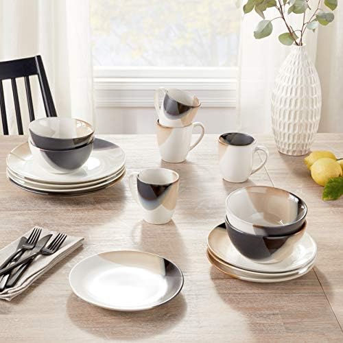 Mikasa Gourmet Basics Caden 16-Piece Stoneware Dinnerware Set, Service for 4, White Glossy Center with Black and Tan Two-Tone Reactive Glaze, Dishwasher and Microwave Safe