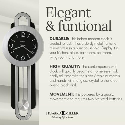 Howard Miller Gwyneth Wall Clock – Black Dial, Arabic Numerals, Quartz Movement, Silver Pendulum Bob, Brushed Nickel & Satin-Black Finish