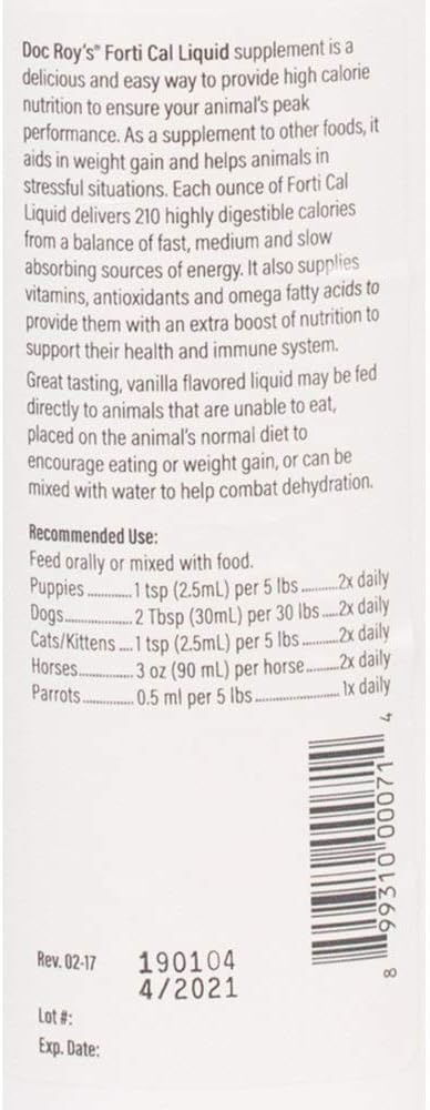 Doc Roys Forti Cal Liquid Energy Supplement for Dogs, Cats, Horses and Parrots, Natural Glucose Source with Soluble and Insoluble Fiber, Vanilla Flavor, Gallon