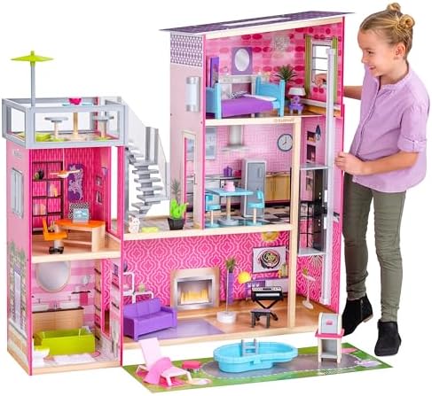 KidKraft Uptown Wooden Modern Dollhouse with Lights & Sounds, Pool and 36 Accessories | Over 3 Feet Tall Pink Mansion Doll House, Working Elevator