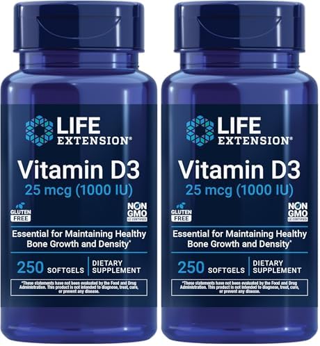 Life Extension Vitamin D3 25 mcg (1000 IU), Immune System Support, Bone Health, Whole-Body Health, Value Size, Gluten-Free, Non-GMO, 250 softgels | Bone Health, Cognitive Health & Immune System Support, Gluten-Free & Non-GMO, Once Daily for a Two-Month S…