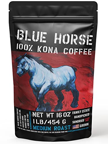 Blue Horse 100% Kona Coffee Whole Bean - 16 oz Medium Roast, Farm Fresh | Certified Organic, Arabica Whole Beans,, Grown In Hawaii USA, Shade Grown, Handpicked, Vacuum Sealed Bag, Caffeinated, Vegan