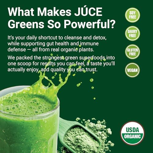Juce Greens Organic Superfood Powder | 64 Superfoods | 20 Servings | Harvest Apple flavor | 6 adaptogenic mushrooms