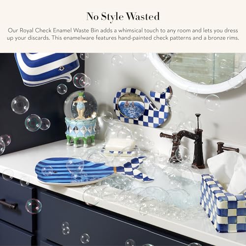 MACKENZIE-CHILDS Waste Bin, Black-and-White Courtly Check | Hand-painted design, made from enameled steel, decorative bedroom or bathroom trash can, 8" dia. x 9.5" H