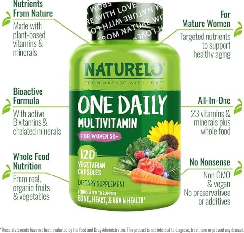 NATURELO One Daily Multivitamin for Women 50+ (Iron Free) - Menopause Support for Women Over 50 - Whole Food Supplement - Non-GMO - No Soy - 60 Capsules - 2 Month Supply | Energy Support, Whole Food Daily Women Multivitamin Supplement, Nourish Hair/Skin/…