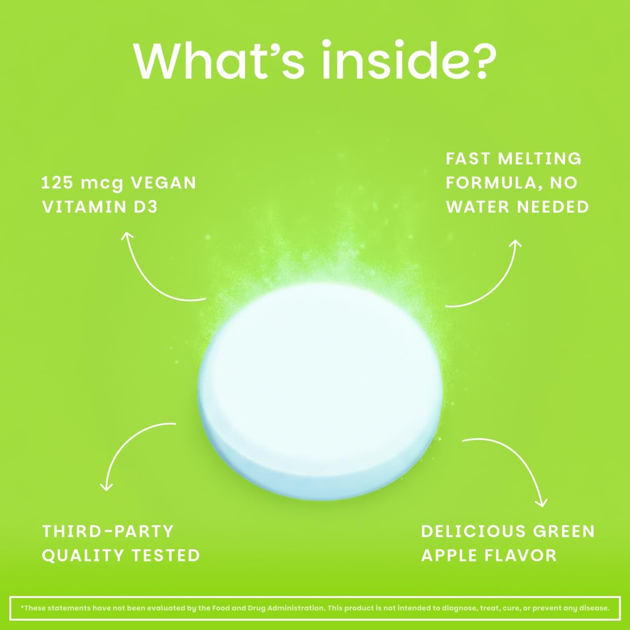 EZ Melts Dissolvable Vitamin D3 5,000 IU - Vegan Vitamin D Supplement for Bone & Teeth Support - No Artificial Flavors - Plant-Based & Non-GMO - Green Apple - 90 Dissolvable Tablets (90 Servings)