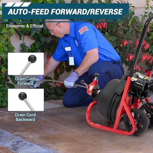 100Ft x 3/8 Inch Drain Cleaner Machine, 370w Electric Drain Auger Machine with Auto-Feed & 6 Cutters, Sewer Snake Auger with Wheels