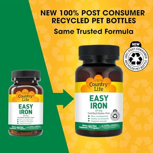 Country Life Easy Iron 25 mg with Ferrochel, 90 Capsules | Non-constipating and gentle on the stomach, Certified Gluten-Free, Vegan and Kosher Parve