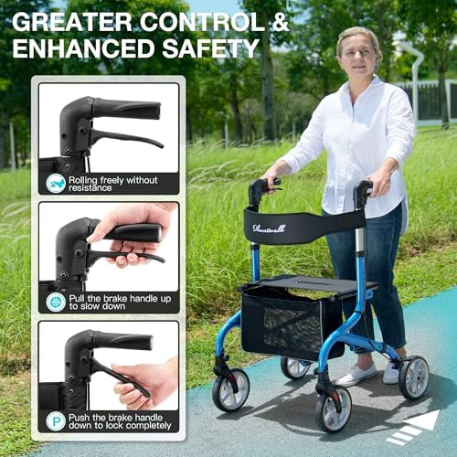 PLANET WALK Super Lightweight Rollator Walker for Seniors, Foldable Rolling Walker with Seat and 8" Rubber Wheels for All Terrain, Unique Design Aluminium Frame Sturdy Walkers for Traveling - Blue