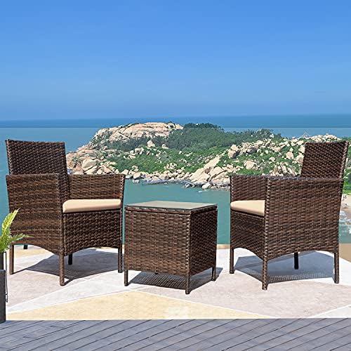 Greesum 3 Pieces Patio Furniture Sets Outdoor PE Wicker Chairs,Beige