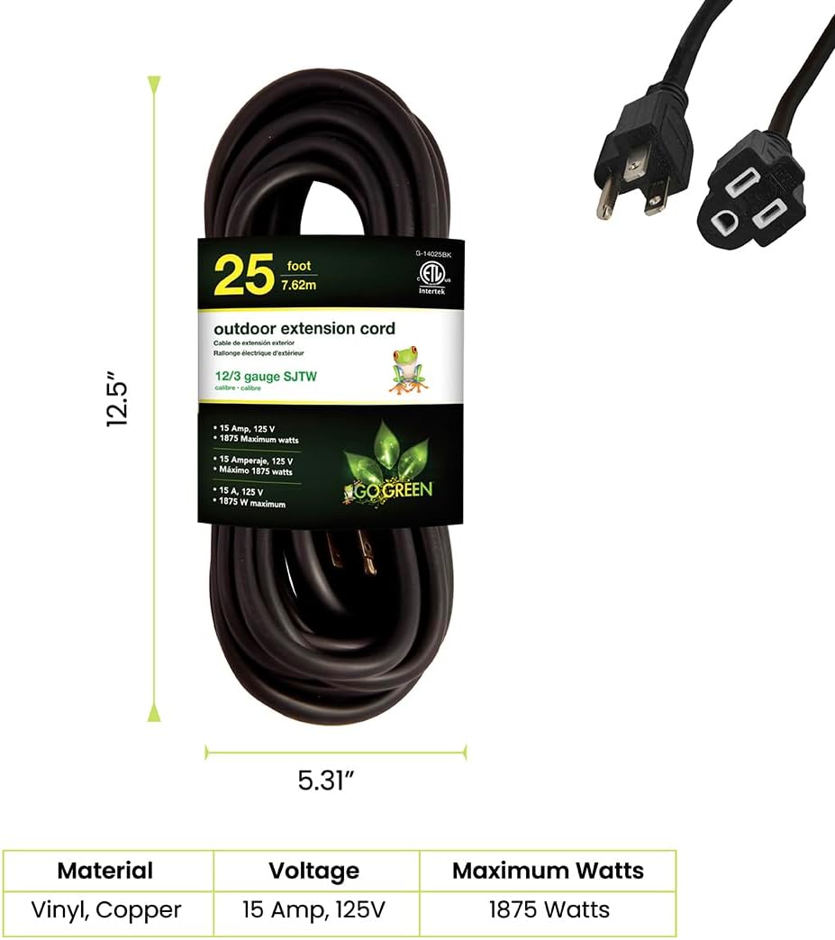 Go Green Power Inc. (GG-14025) 12/3 SJTW Outdoor Extension Cord, Lighted End, 25 ft
