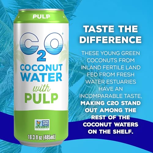 C2O Pure Coconut Water with Pulp, 16.3 Fluid Ounce, Pack of 8