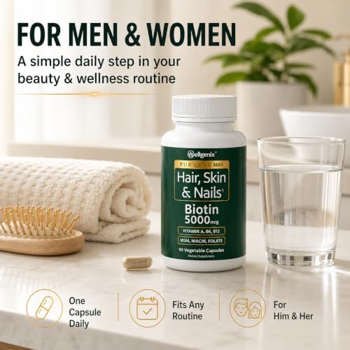 Wellgenix Purvana MAX Hair Skin & Nails Vitamins, Biotin 5000mcg, 90 Count | Biotin, MSM & hyaluronic acid in vegetable capsules for thicker