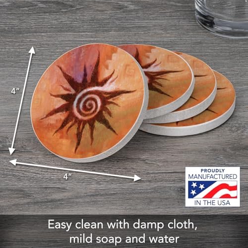 Thirstystone Spiral Sun Natural Sandstone Coaster 4 Pack Eco-Friendly, Absorbent, Easily Wipes Clean | 4” Diameter, Manufactured in the USA