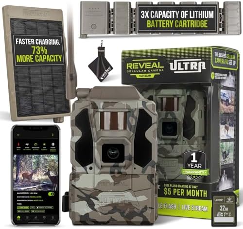 TACTACAM Reveal Ultra Cellular Trail Camera – 4K Photo, 1080P Video, Live Streaming, GPS, Low-Glow/No-Glow Flash, LTE - Includes Solar Panel