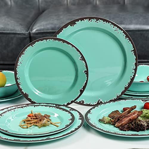Rustic Melamine Dinnerware Set,12-Piece Plates and Bowls Sets,Yinshine Unbreakable Melamine Dish Set,Lightweight,Service for 4,Dishwasher Safe,Green